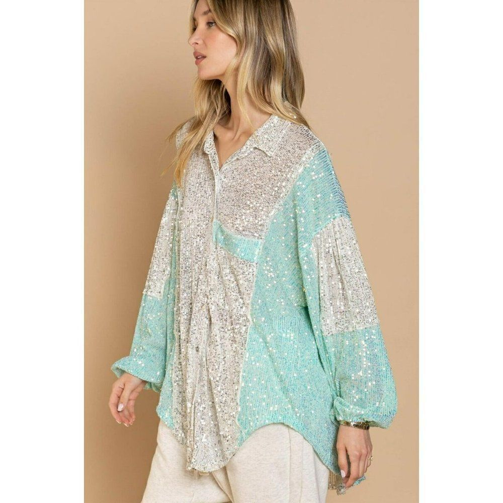 SALE! POL CLOTHING Sequin Block Sleeve Button Up Top in White and Aqua SMT2045 - Picture 3 of 7
